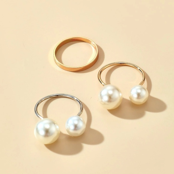 Pearl Elegance Ring Set, Double Pearl Ring Set, Pearl Cuff Ring, 3 Ring Set - Picture 3 of 5